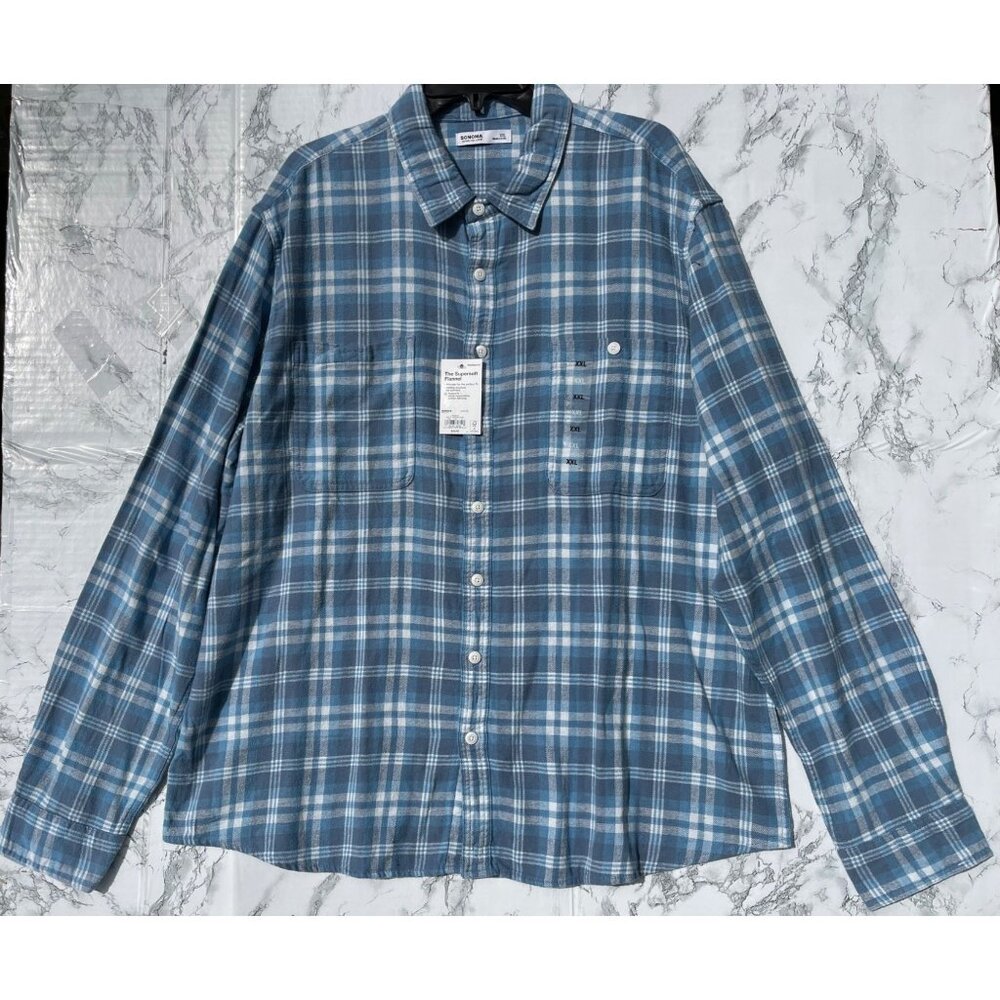 Sonoma Mens XXL Blue Plaid Supersoft Cotton Flannel Shirt Standard Fit